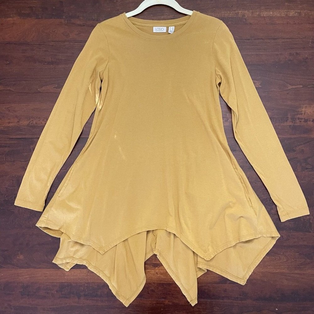 Logo by Lori Goldstein Womens Mustard Tunic Top Shirt Shark Bite Hem Pockets XXS